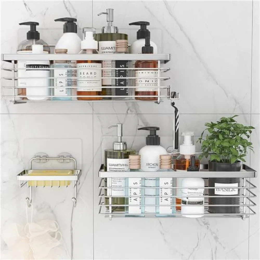 Silver Shower Organizer Shower Caddy Basket with Hooks Soap Dish Holder Shelf